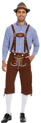 IEEILULU Oktoberfest herroutfit, tysk Bayern Oktoberfest kostym herrset med avtagbar haklapphållare, rutiga skjortor, knästrumpor och bayerska filthattar (blå, XXL)