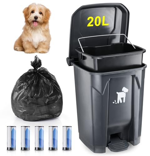 Poubelle à déjections canines de 20 l avec couvercle – Poubelle d'extérieur pour le jardin avec poubelle intérieure amovible et 150 sacs à déjections canines, conteneur à déjections d'animaux