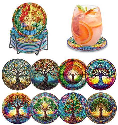 8 sottobicchieri rotondi con supporto per diamond painting, con albero magico fai da te, antiscivolo, per bicchieri da vino, tazze, vasi e cucina domestica
