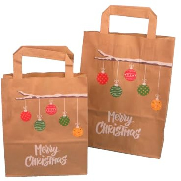 250 Papiertragetaschen Geschenktüten braun mit Weihnachtsmotiv Weihnachtszweig 18+8x22cm 70g/m² mit Papier Flachhenkel