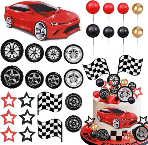 Morofme Tårtdekoration bil 27 stycken, bilar tårtdekoration, röd racerbil tårta topper födelsedag, däck målflagga cupcake topp för racing tema fest tårta dekorationer tillbehör
