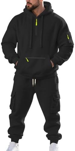 RIZUNTO Hombre Chándal Abrigo Cálido,Chaqueta con Cremallera y Capucha,Pantalones de Chándal con Bolsillo,Negro,XL