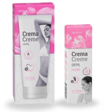 [Kit Depilatorio piel sensible Cuerpo y Cara] Cremas depilatorias facial y corporal Deliplus + espátula + folleto con precauciones + 1 gel post-depil + 1 manopla
