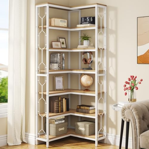 Tribesigns Corner Shelf, 7-Tier Industrial Corner Bookshelf, Wood and Metal Corner Etagere Bookcase, Freestanding Display Shelf for Living Room, Kitchen, Home Office, White and Natural