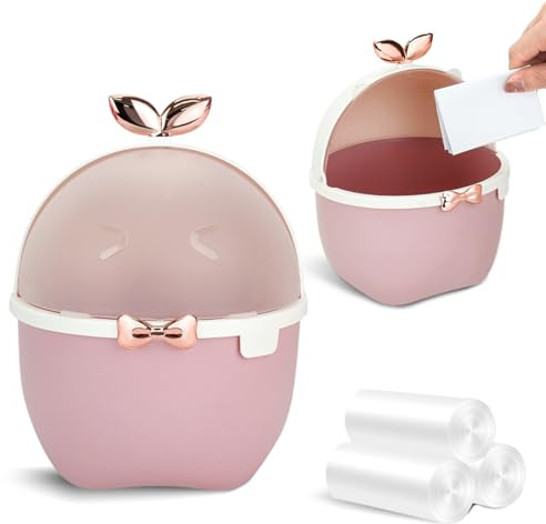 Mini TischmüLleimer mit Deckel, Kawaii Mülleimer mit 3 Rollen Müllsäcke, Karikatur Tier Papierkorb Kinderzimmer für Büro Auto Küche Bad, 19,5*15*15cm (Rosa)