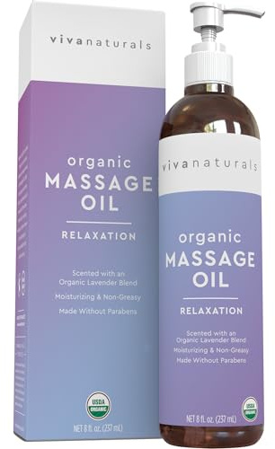 Viva Naturals Organic Massage Oil, Lavender Scented, 8 fl oz (237 mL) – Non-Greasy, Certified Organic Massage Therapy Oils