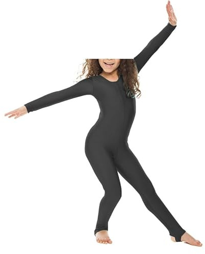 R&N FASHIONS - Body da ragazza in nylon lucido a maniche lunghe - Tutina integrale - Leotard – Abbigliamento da performance - Vestibilità confortevole - Perfetto per danza, balletto, ginnastica, Nero