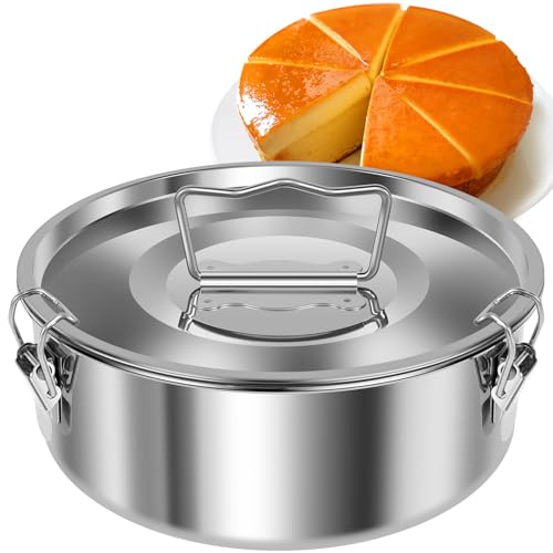 KOUISYY Flan Mold with Lid, Stainless Steel Flan Pan Mold with Handle, 1.5QT Large Capacity Flanera Flan Maker, Portable Round Cake Baking Flan Maker for Cheese Cake Chocolate Cupcake Pudding