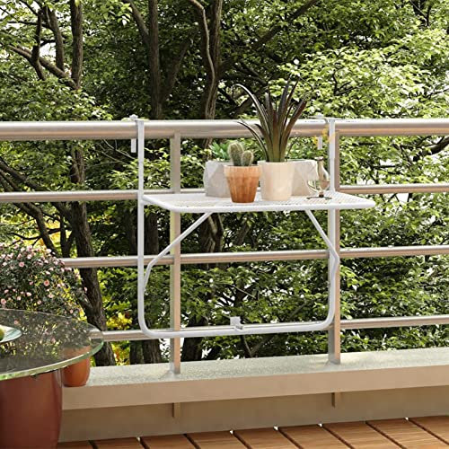 Rantry Balkontisch Gartentisch Klapptisch Balkonhängetisch klappbarer Balkonhängetisch Hängetisch Beistelltisch Balkonklapptisch Möbel für Balkongeländer Weiß 60x40 cm Stahl