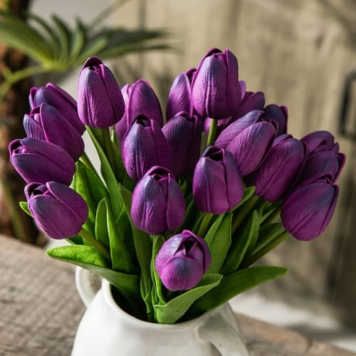 Tanvecle 20 st lila konstgjorda tulpanblommor, silkesblommor 33 cm för mors dag, påsk, alla hjärtans dag presenter i bulk, hem, kök, bröllopsdekorationer
