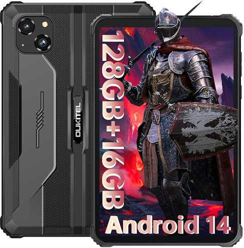 OUKITEL RT3 PRO Rugged Tablet - Android 14 8 HD 128GB +16GB(TF 1TB), 5150mAh Battery, 16MP+8MP Waterproof Tablet, Dual 4G SIM, 5G-WiFi, OTG,GPS, NFC, Black