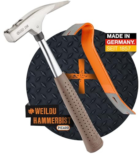 PICARD marteau de charpentier no. 298 + Mini pied-de-biche BlackGiant® + Sticker | Outil couvreur professionnel 600 g | Manche acier chromé-molybdène | Porte-clou magnétique | Avec arrache clou