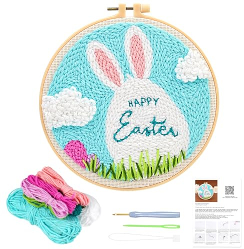 JSRQT Punch Needle Set Ostern, Hase Ostereier Punch Needle Set Anfänger, Stickerei Embroidery Kit, Stanznadel Stickerei Starter Kit für Anfänger Erwachsene, Starter Stanznadelstoff Muster
