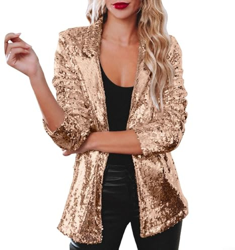 Giacca blazer da donna con paillettes glitterate a maniche lunghe cappotto per feste discoteca capispalla cardigan con risvolto lucido autunno inverno moda street wear oro nero S-3XL, Oro, L
