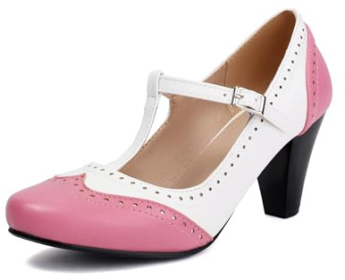 elerhythm Mary Jane Two Tone Classic e Retro Oxford Wingtip anni '20 Pump Heels Vintage '50 punta chiusa rotonda anni '40 cinturino alla caviglia, Colore: rosa., 37 EU