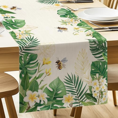 ANATTASOUL Runner Tavola Moderno, Monstera E Foglie Di Palma Estate Runner Colorato, Primaverile Cucina Tavolo Decorazione, Lavabile in Lavatrice, 33 x 183 cm
