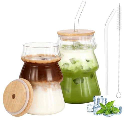 Hejo 2 Piezas Tazas de Café de Cristal, 500ml Vaso de Cristal con Tapa y Pajita Reutilizable, Vaso de Matcha Acanaladas Transparentes, Vasos Lindos para Café Helado, Té de Burbujas, Jugo, Batidos