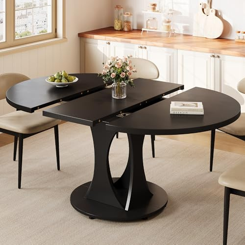 Einhomn 59 Extendable Round Dining Table for 6-8, Kitchen Table with Sturdy Double Arc Base & Backboard Clasp Desktop, Mid-Century Modern Dinner Table, Kitchen Dining Room, Space Saving, Black
