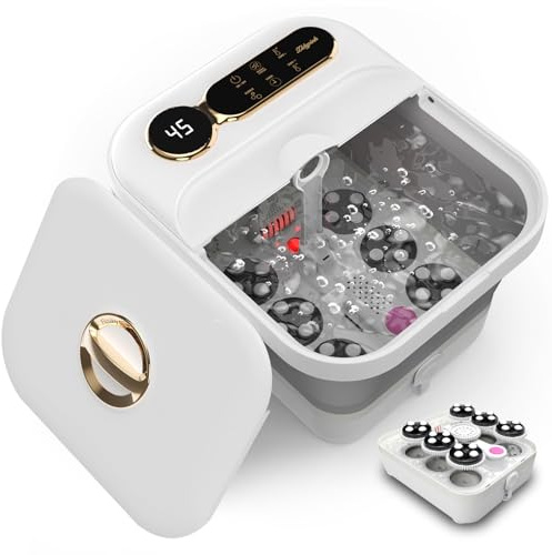 Collapsible Foot Spa Automatic Rollers Massager with Heat, Foot Bath with 24 Electric Shiatsu Massage Balls, Bubbles and Temp Control, Pedicure Foot Spa Tub for Stress Relief (White)