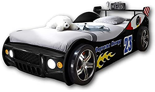 ENERGY Autobett mit LED-Beleuchtung 90 x 200 cm - Aufregendes Auto Kinderbett für kleine Rennfahrer in Schwarz - 105 x 60 x 225 cm (B/H/T)