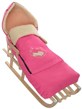 Holzschlitten Kinderschlitten aus Buchenholz Rückenlehne Zugseil + Winterfußsack Schlittensack Fußsack Rosa Schlitten Kinderwagen