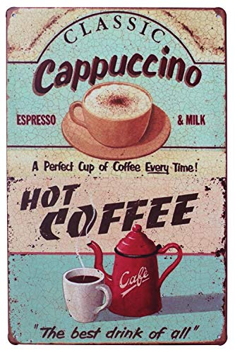 Hioni Clásico Cappuccino Hot Coffee Vintage Cartel de Chapa Café Póster Pared Decoración Metal Puerta