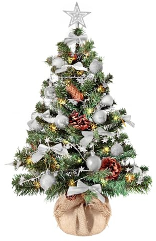 Weihnachtsbaum künstlich (WBD) 60 cm grün mit Weihnachtsdeko Silber und Led Lichterkette mit Batteriebox und Fernbedienung künstlicher Christbaum klein Tannenbaum