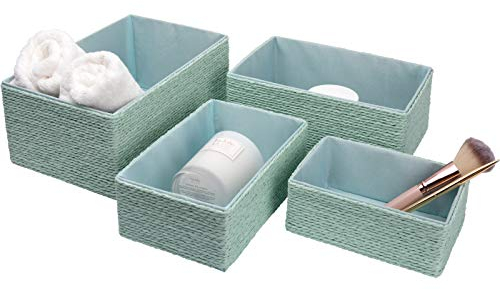 LA JOLIE MUSE Paper Rope Woven Storage Basket Set of 4 with Fabric Liner, Stackable Multipurpose Organizer Bin, Mint Green
