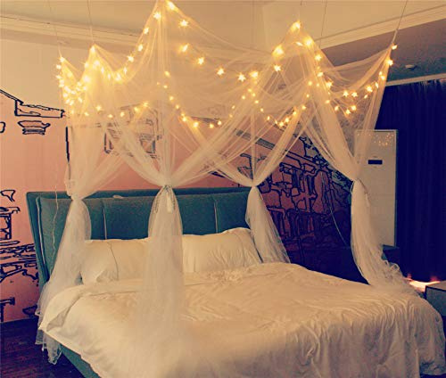 Baldacchino per letto a 8 angoli con 100 luci a LED a forma di stella, funzionamento a batteria, stile unico, 4 porte, quadrate, tende a baldacchino, consigliate per letto matrimoniale king size