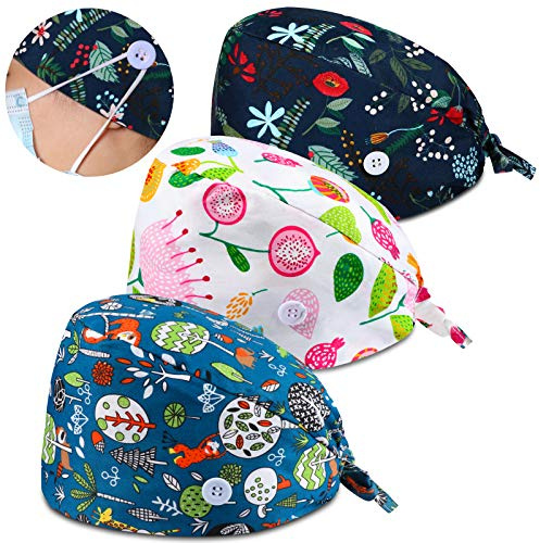 PHOGARY 3 Pezzi Cappello Scrub con Bottone Cappellino Bouffant Regolabile Stampato Colorati Berretto Scrub Unisex Copricapo con Cotone Fascia Sudore, Taglia Unica Multi Color