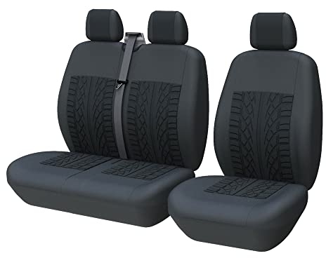 TOYOUN Universal Auto-Sitzbezüge für Transporter LKW Vorn Autositzbezüge 3D-Reifen-Spur-Muster Sitzbezug Fahrersitz + 2er Beifahrersitzbank Schonbezüge Schwarz
