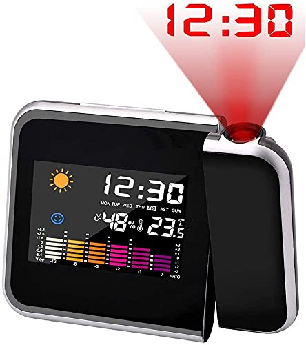 Projektionswecker mit Projektor, digitaler Wecker, Projektion, LED, mit Station, Zeitplan, LCD, Temperatur und Datum, USB-Ladegerät, 12 & 24 Stunden, für Schlafzimmer, Büro, Küche, Schwarz