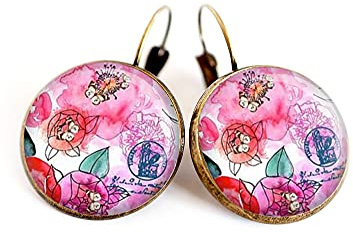 Boucles d'oreilles cabochon, Fleurs rose et fushia