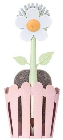 Vigar Florganic 3-delat diskställ, miljövänlig tusensköna-formad diskborste, svamp och staketformad hållare med sugkopp, rosa