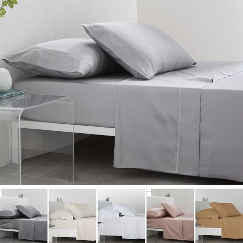 COTTON ARTean Set di lenzuola 180x190/200 in raso di cotone egiziano 300 fili LEUNA grigio perla 4 pezzi: lenzuolo superiore, 2 federe per cuscino, lenzuolo di sotto regolabile