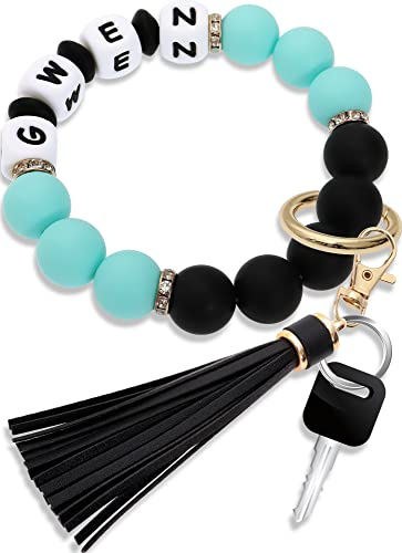 Portachiavi braccialetto da donna portachiavi per chiavi auto - catene in silicone perline braccialetto con nappa in pelle regali, Black+green, taglia unica