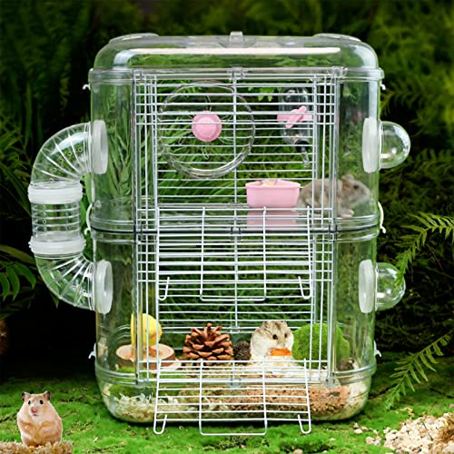 xixi-home Hamsterkäfig mit Tunnel 2 Etagen Transparent Hamster Käfig syrischer Zwerghamster Habitat Kleintierkäfig mit Wasserflasche Futter Gericht Übungsrad