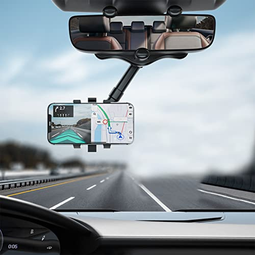 JIAHG Car Phone Holder, Rear View Mirror Phone Mount, Universal 360°/1200° Rotating Retractable Car Cellphone Holder Automobile Mobile Phone Hands Free Fit for iPhone Android Smartphone