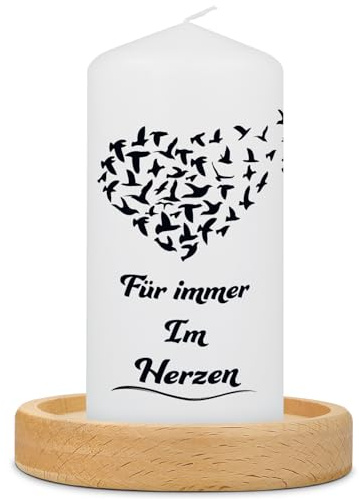 GRAVURZEILE Bedruckte kleine Kerze – Trauerkerze Für immer im Herzen – Gedenkkerze zur Trauer, Beerdigung oder als liebevolles Andenken – Hochwertige weiße Stumpenkerze 120/57 mm