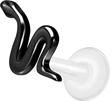 PIERCINGLINE PTFE Labret mit Gewinde Titan Aufsatz SCHLANGE Piercing Lippe Nase Ohr Helix Tragus Medusa Schwarz 1,2 x 6 mm