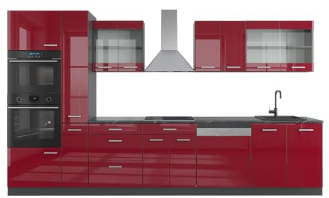 Vicco Küchenzeile R-Line, Rot Hochglanz/Anthrazit, 350 cm | 9 Module · Höhenverstellbare Füße · Ohne Arbeitsplatte · Robuste Fronten · Mit Backofen-/Mikrowellenschrank