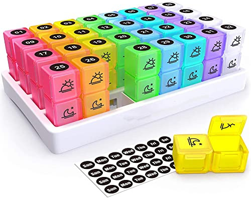 ISAKEN Pillendose Pillenbox für 31 Tage, Pillendose 31 Tage 2 Fächer Morgens Abends, Tragbar Tablettenbox Monat mit Deckel Medikamentenbox Medikamentendosierer für Unterwegs, Tägliche