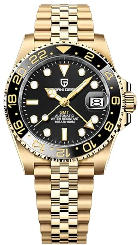 Pagani Design Uomo Meccanico GMT Acciaio Inossidabile Impermeabile Orologio Da Polso Zaffiro Vetro Acciaio Inox Ceramica Orologi Orologio per Uomo（Cinque Perle Tutte Oro Nero）
