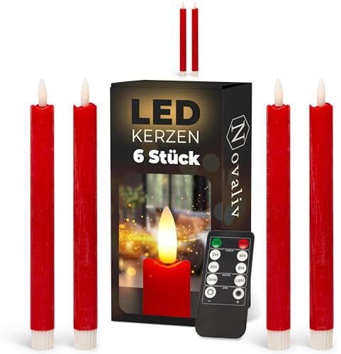 Stabkerzen LED mit Timer ROT 6 Stück indoor - 6 Stunden - ECHTWACHS 23cm Höhe für Kerzen 2,2cm Durchmesser 2 AAA Batterien notwendig LED Stabkerzen 4er Set ROT (zwei Mal) bewegliche Flamme Licht