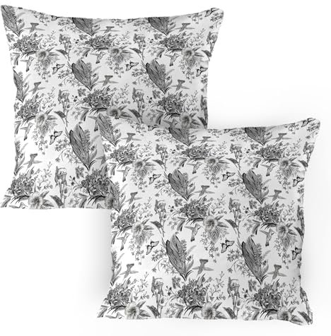 ABAKUHAUS Schwarz und weiß Kissenbezug Packung mit 2, Amaryllis und Begonien Botanische Inspirationen mit Schmetterlingen und Vögeln, Dekorativer Gedruckter Kissenbezug, 80 x 80 cm, Weiß Schwarz