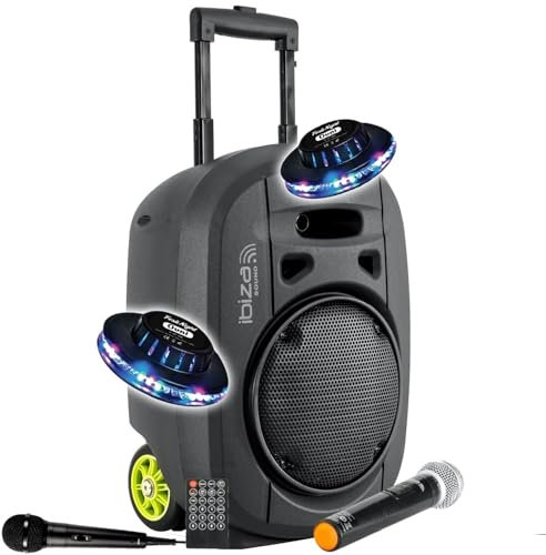 Enceinte Active Sono 400W Ibiza Sound PORT8VHF-MKII-TWS, Autonome 8 USB Bluetooth, TWS, 1 Micro VHF+1 Micro Fil, Ovni LED