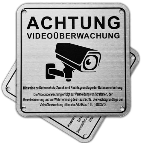 Felexdo Videoüberwachung Schild, Schild Privatgrundstück Selbstklebend 10X10cm Gebürstetes Aluminium Sicherheitsbereich Grundstück Videoüberwacht Metallschild mit DSGVO für den Innen und Außenbereich