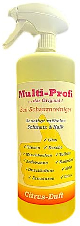 Multi-Profi Bad-Schaumreiniger mit Citrus-Frische-Kraft entfernt mühelos und ohne Scheuern sämtliche Rückstände von Kalk, Seifen, Fett, Öl, Badezusätzen und Schmutz ! 1 Liter