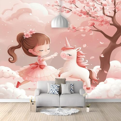 Benutzerdefinierte 3D-Tapete Großes Wandbild Cartoon-MäDchen Einhorn KirschblüTenbaum Cafe Restaurant Thema Hotel Hintergrund Wandbild Tapete 250 (B) x 175 (H) cm