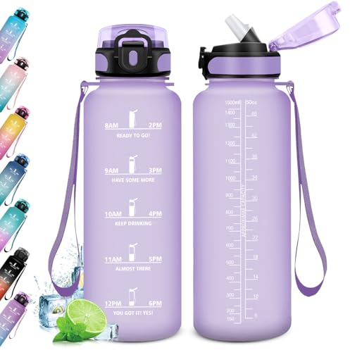 KollyKolla Wasserflasche 1.5L, Trinkflasche Sport mit Strohhalm, Trinkflasche mit Zeitmarkierungen, Sportflasche Gym, Auslaufsicher, Kohlensäure Geeignet, Sportflasche für Erwachsener, Büro, Fitness